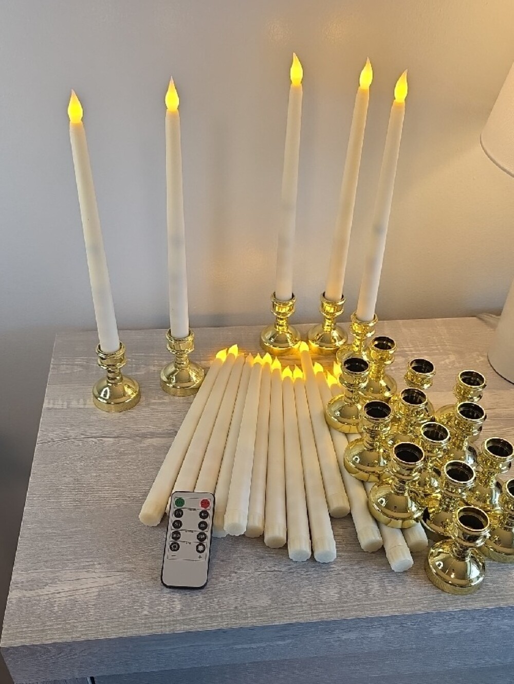 Flameless Ivory Taper Candles with Gold Holders / 18 / Includes Batteries
